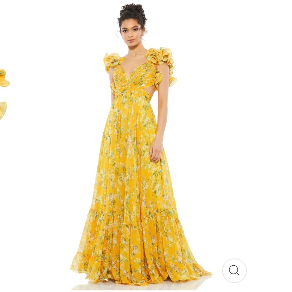 Mac Duggal Yellow Ruffle Tiered Lace Back Floral Gown with Cut-outs